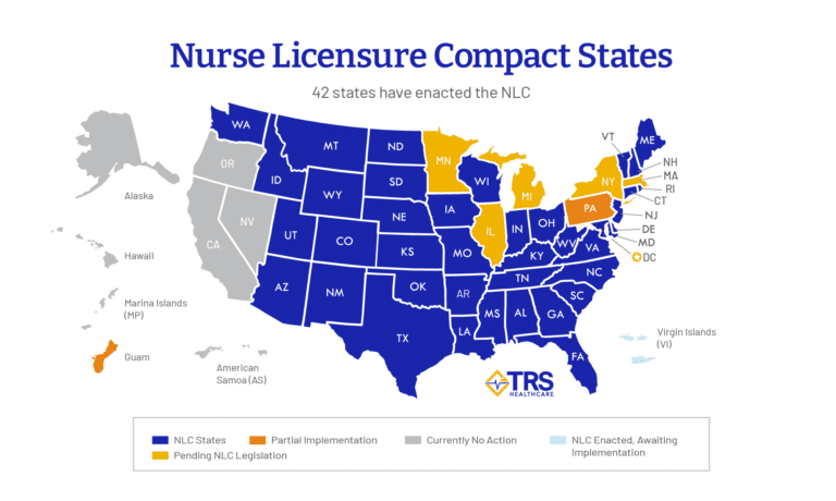 Nurse Licensure Compact map of the U.S., outlining enacted states, pending legislation, and more.