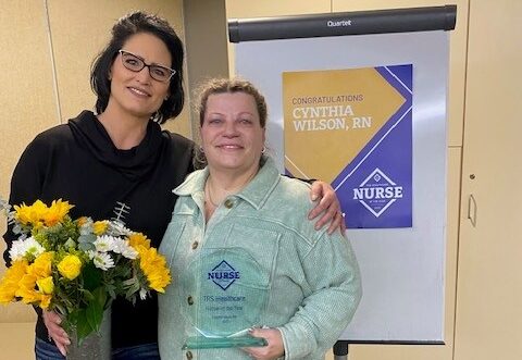 Tammy Dilley, TRS Healthcare Director of Clinical & Risk Management, poses with Cynthia Wilson, RN, during 2023 TRS Healthcare Nurse of the Year Award ceremony