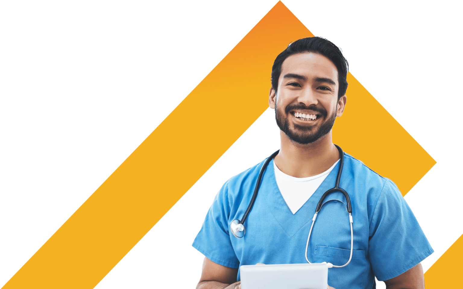 Contact Us - TRS Healthcare Cutout of young male nurse in front of TRS Healthcare logo
