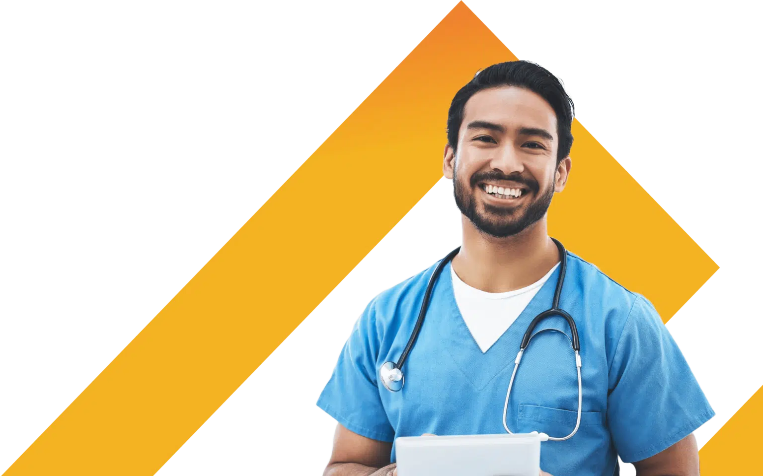 Cutout of young male nurse in front of TRS Healthcare logo