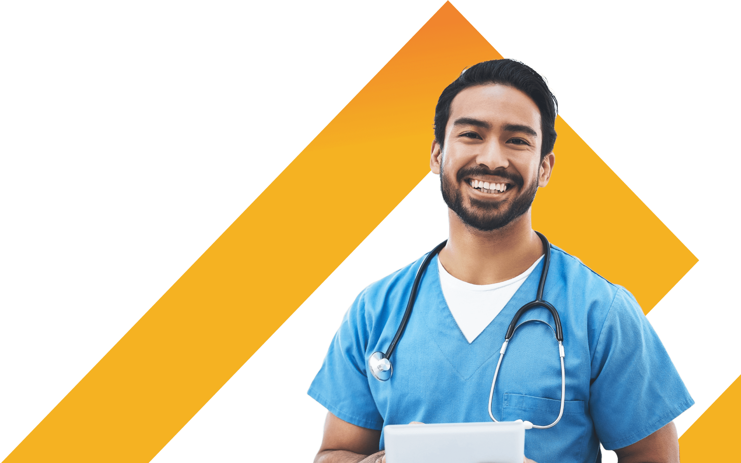 Cutout of young male nurse in front of TRS Healthcare logo