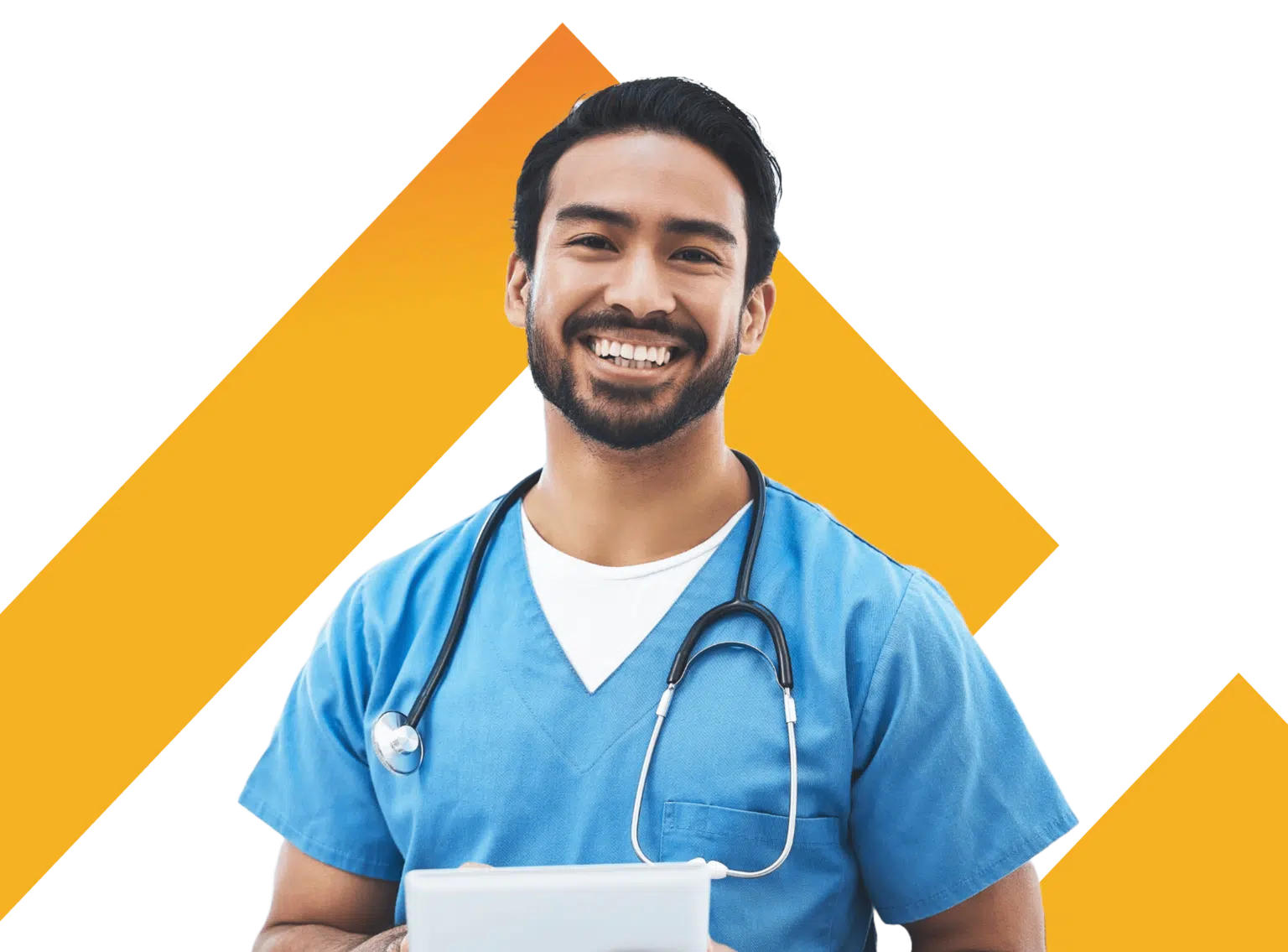 Cutout of young male nurse in front of TRS Healthcare logo