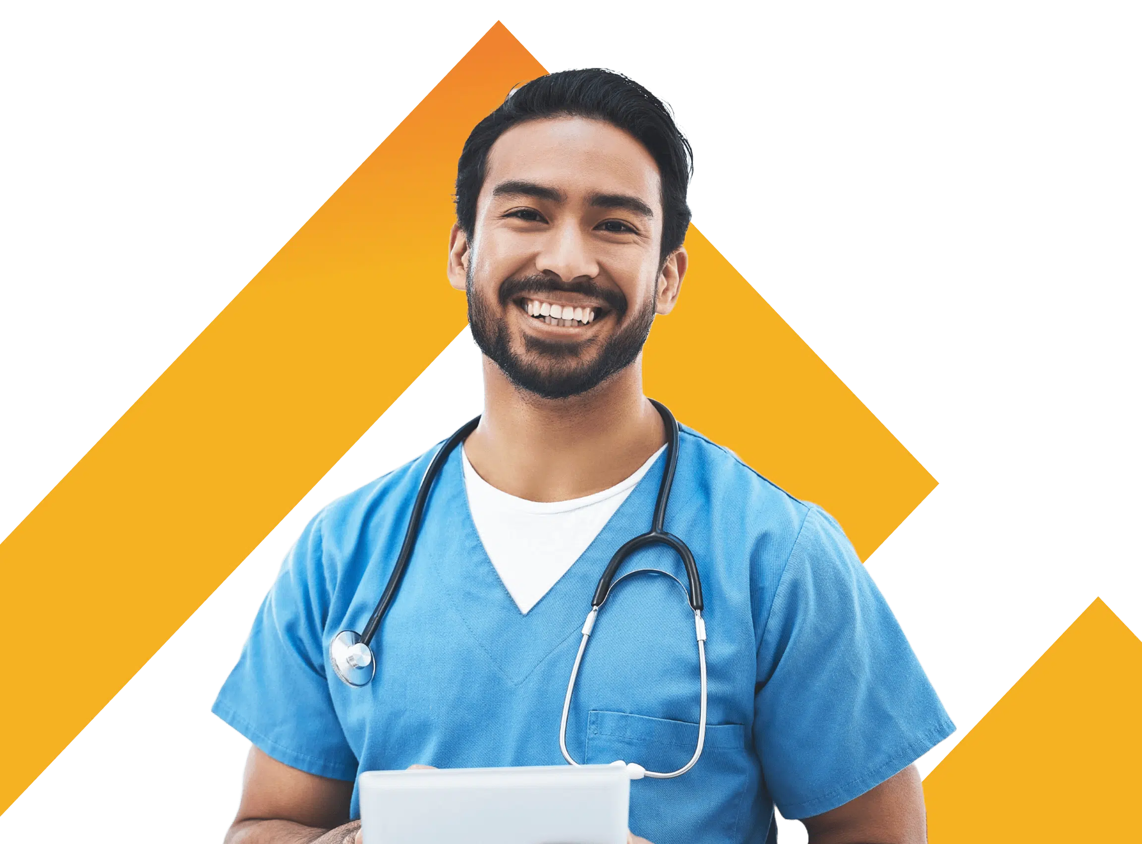 Cutout of young male nurse in front of TRS Healthcare logo