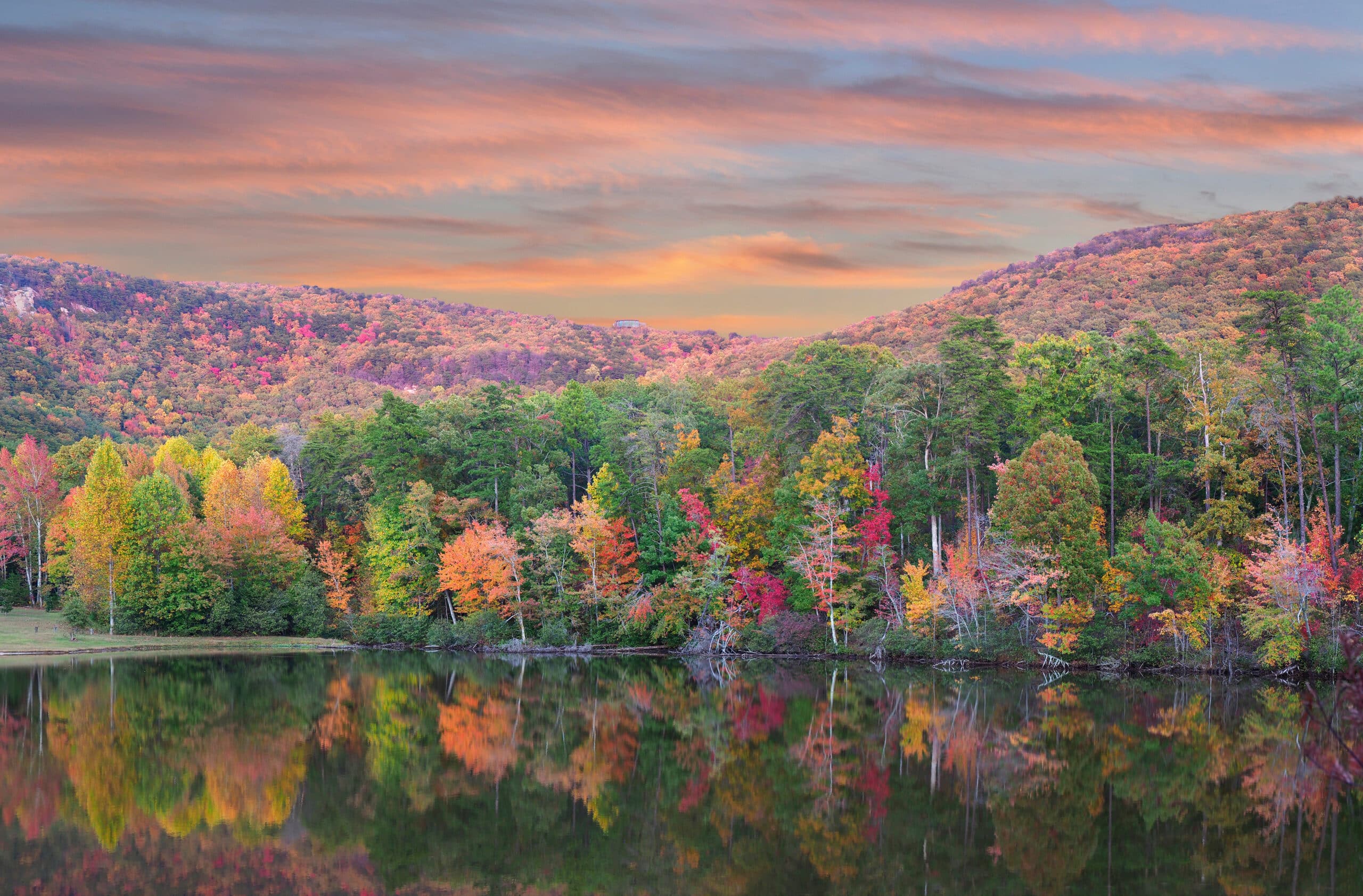Travel Healthcare Jobs in Alabama Panorama of the Beautiful Fall Foliage Reflected in the Lake at Cheaha State Park, Alabama
