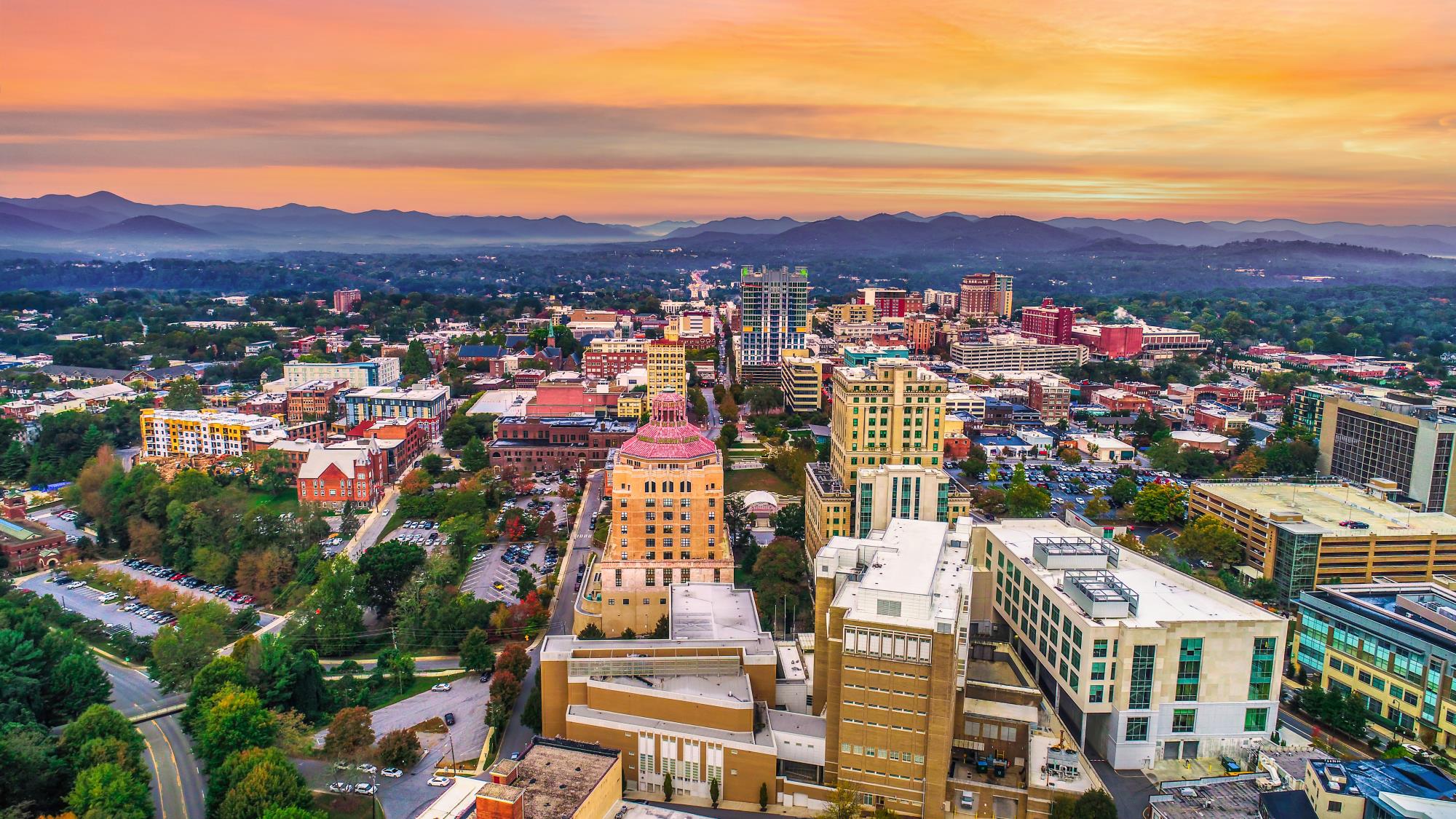 Downtown Asheville, NC skyline aerial