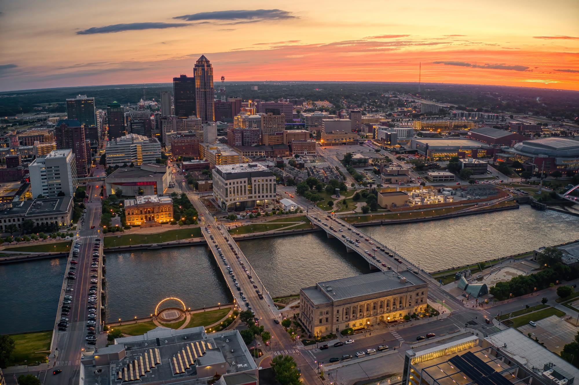 Aerial view of the Des Moines, IA skyline at sunset