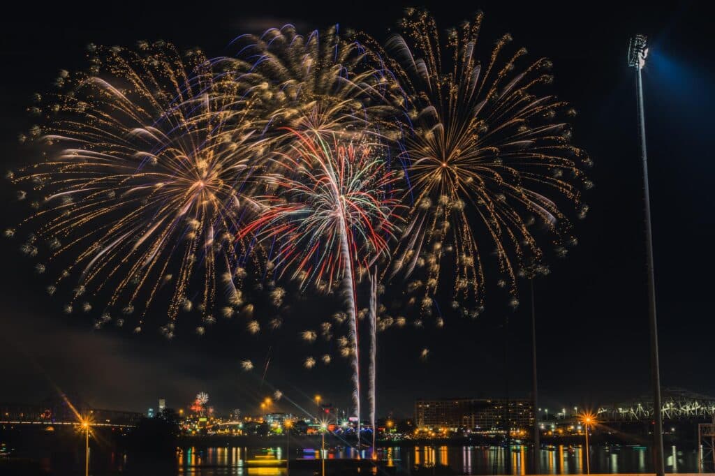 Fireworks in the night sky over the city of Louisville, KY