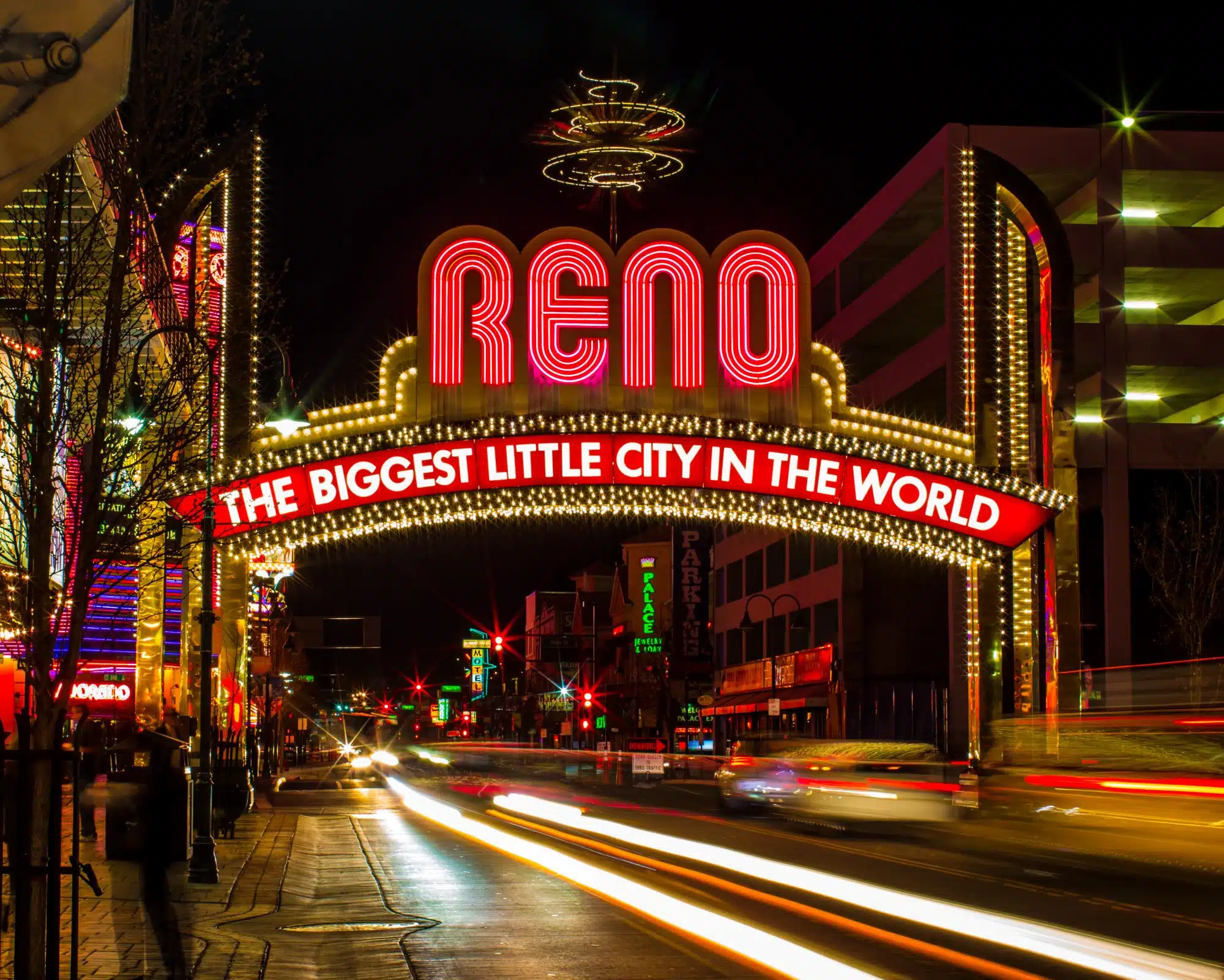 Reno, The Biggest Little City in the World sign in Reno, NV at night