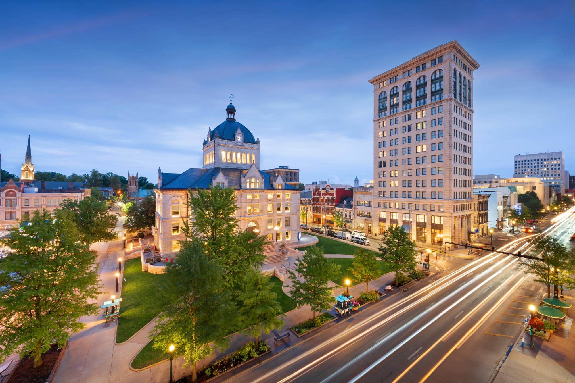 Lexington, Kentucky, USA historic downtown cityscape at blue hour.